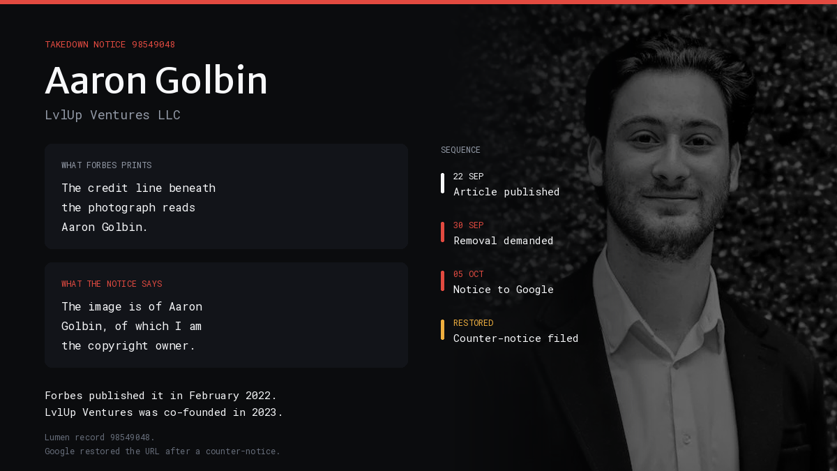 Aaron Golbin Demanded Removal, Was Ignored, Then Claimed the Photograph ...